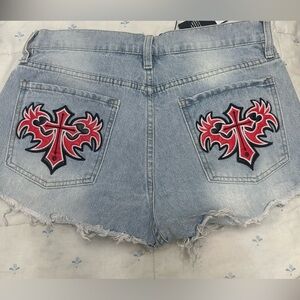 Fashion Nova Light Blue Jean Shorts with Red Embroidery